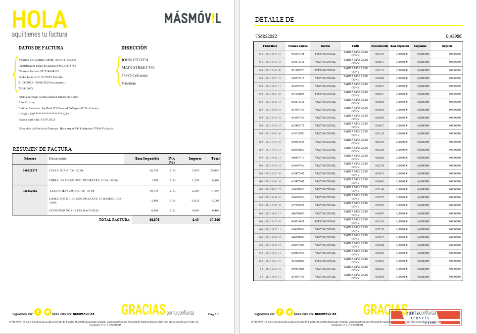 Spain Masmovil internet utility  bill Word and PDF formats, 6 pages